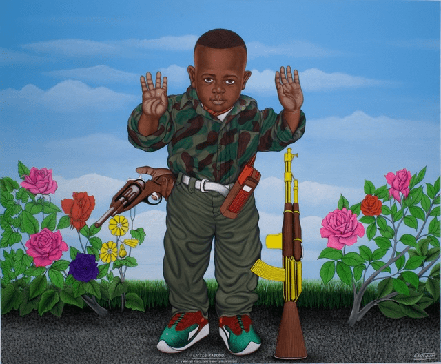 Little Kadogo, I am for Peace, That is Why I Like Weapons, 2004 Acrylic on Canvas 80 51/100 × 96 13/20 × 49/50 in 204.5 × 245.5 × 2.5 cm CAAC The Pigozzi Collection